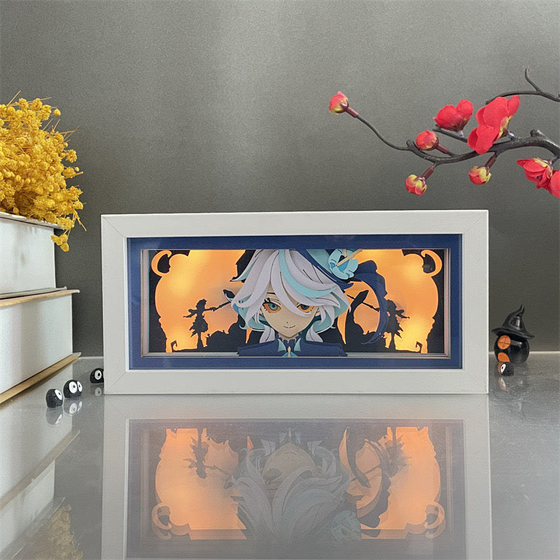 Genshin Impact Wanderer Light Box mit warmer orangefarbener Beleuchtung, handgefertigte Anime-Wandkunst.