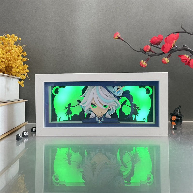 Genshin Impact Wanderer Light Box in blaugrünem Licht, detaillierte 3D-Papierkunst für Anime-Liebhaber.