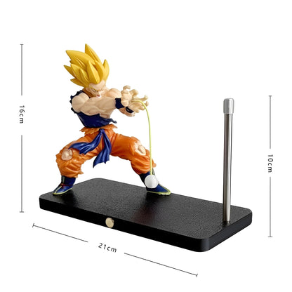 Ângulo lateral da luminária da figura do Super Saiyajin Goku com dimensões da base