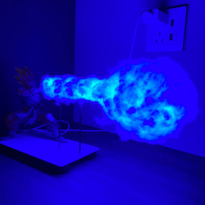 Luminária LED neon azul super brilhante com figura de anime Goku em prateleira de madeira