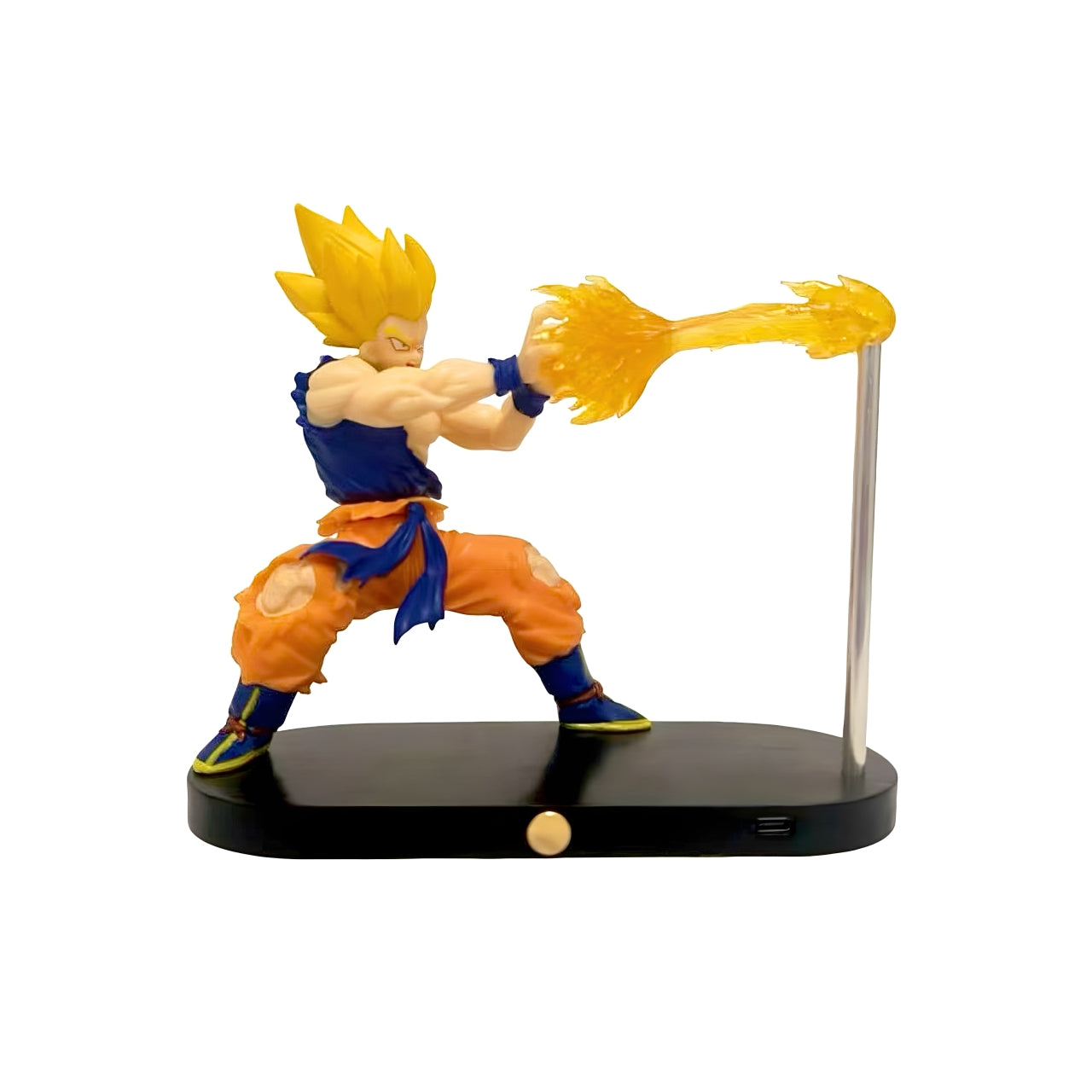 Studio photo of Goku Super Saiyan fire attack figure with bright flame LED effects.

