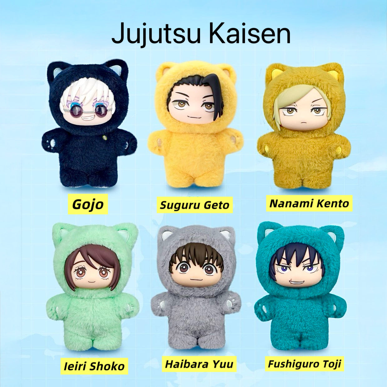 Collection de peluches à oreilles de chat Jujutsu Kaisen mettant en vedette plusieurs personnages d'anime chibi