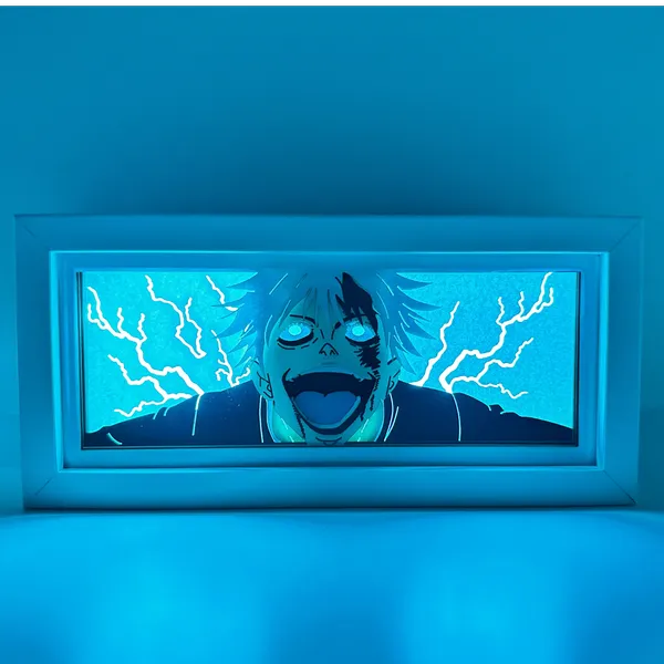 Oeuvre encadrée d&#39;un personnage animé Gojo avec un effet de foudre bleu sur un fond bleu