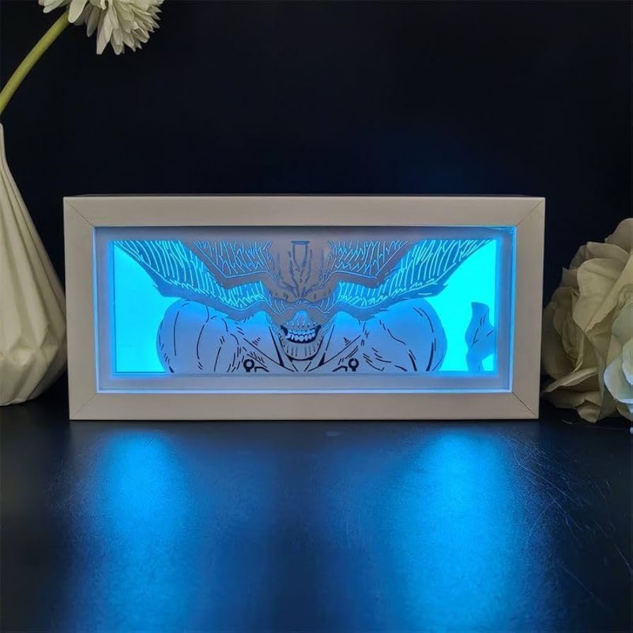JuJutsu Kaisen Mahoraga pantalla enmarcada que brilla en fondo de LED azul frío

