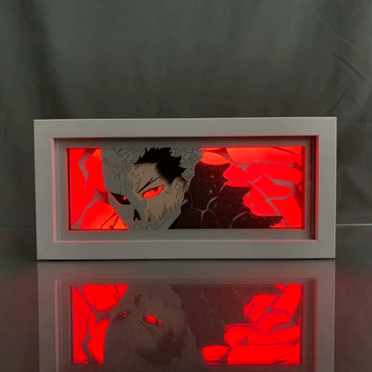 Red Led Kaiju No. 8 Light Box com o rosto de Kafka Half-Kaiju iluminado


