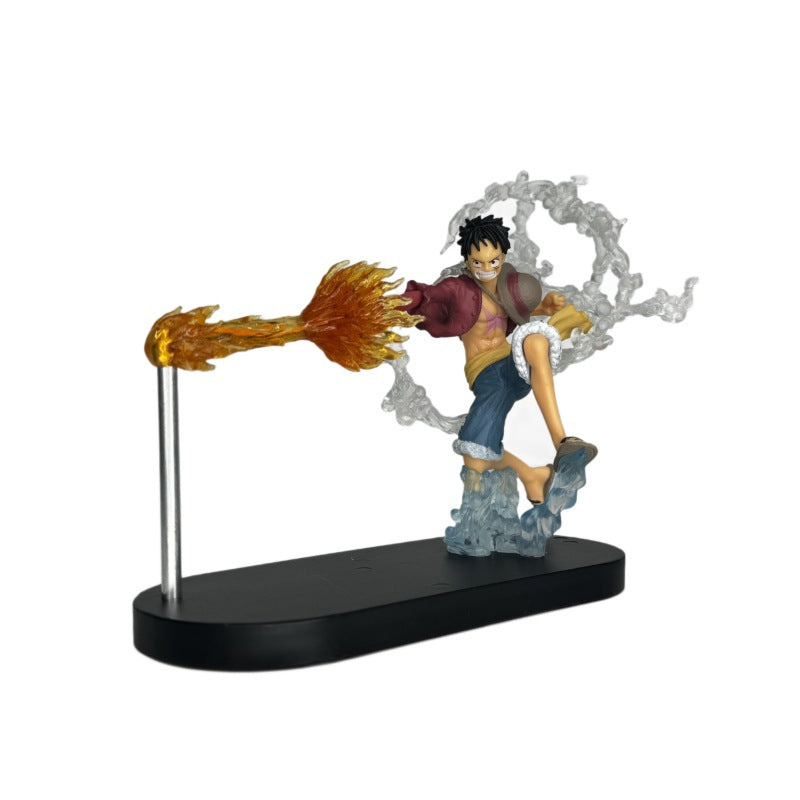 Luffy Fire Fist LED anime figure with clear flame effect on stand
