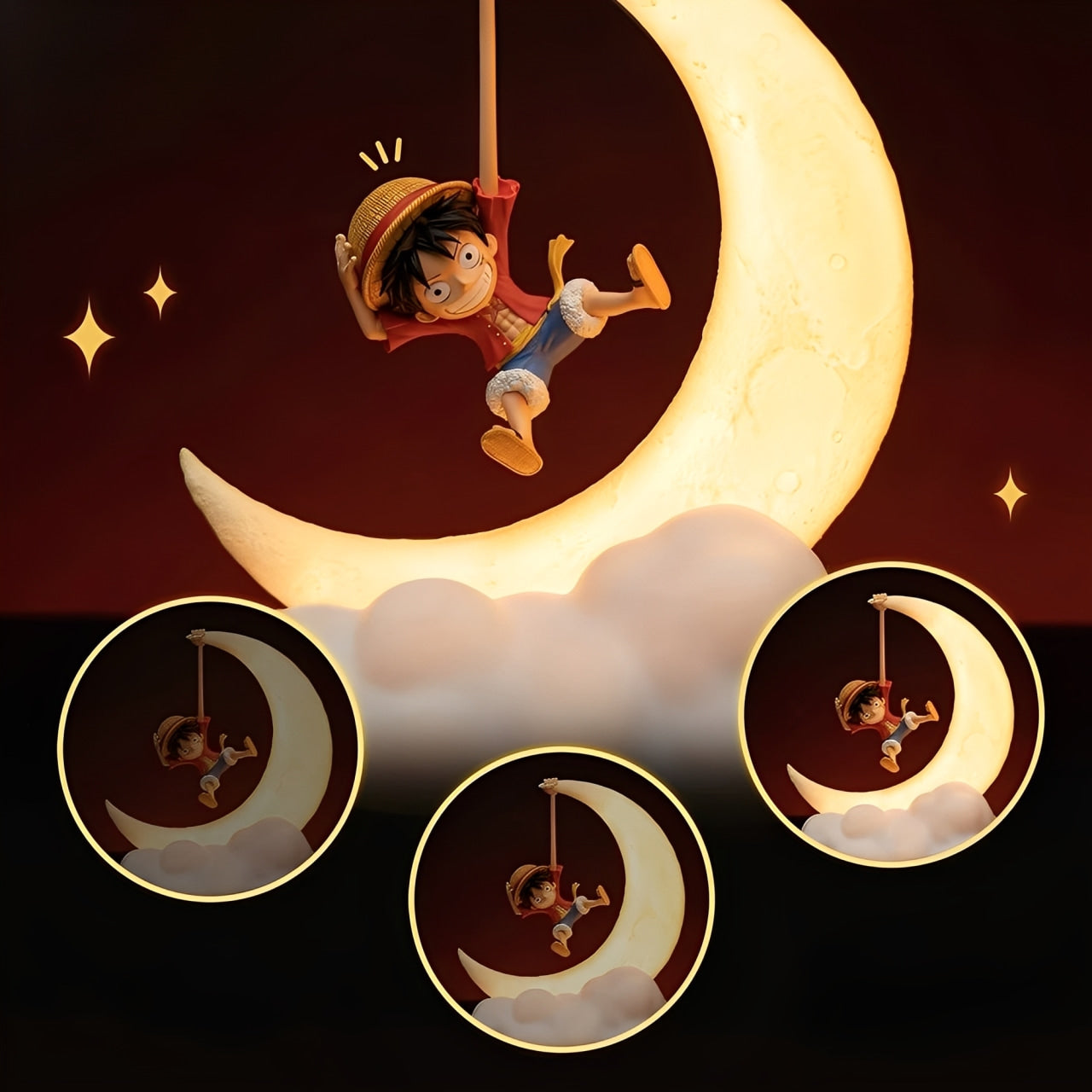 One Piece Luffy moon lamp showing three brightness levels for adjustable night light.
