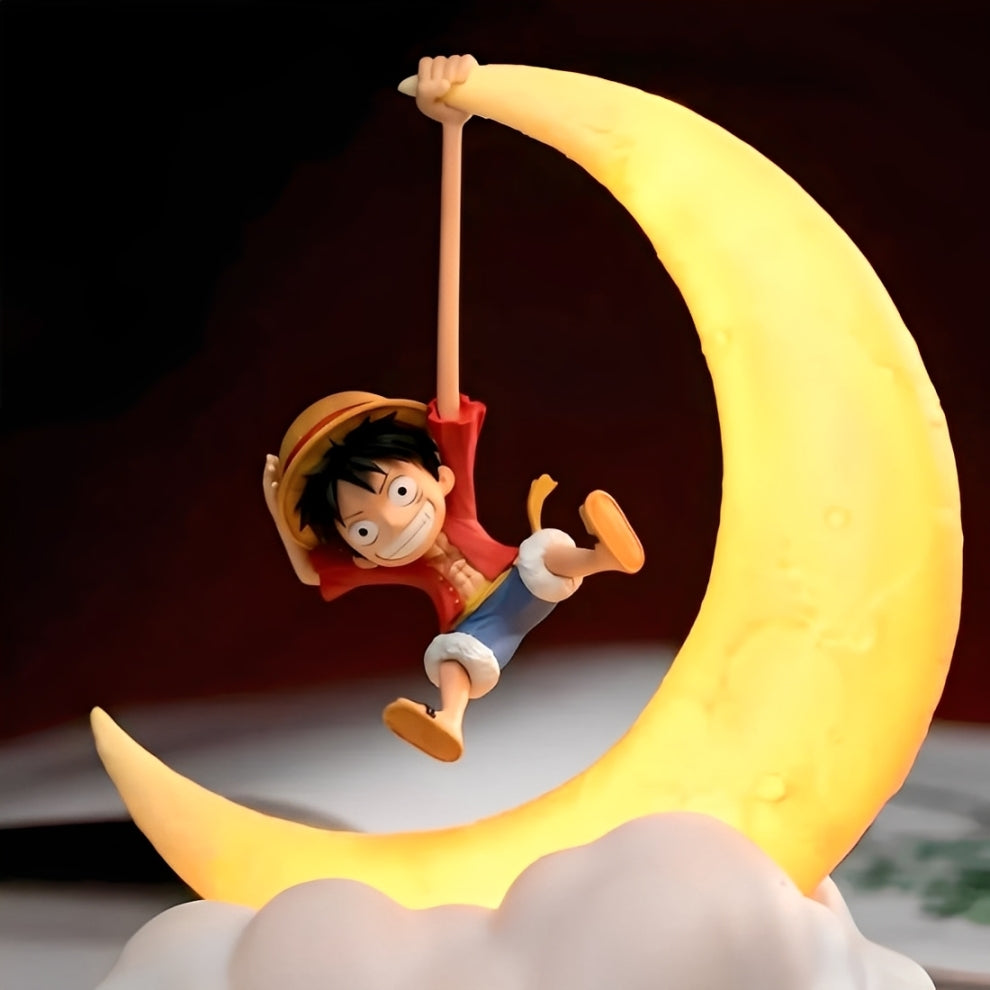 One Piece Luffy hanging on glowing moon night light, anime stretch lamp home decor.