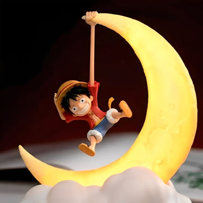 One Piece Luffy hanging on glowing moon night light, anime stretch lamp home decor.
