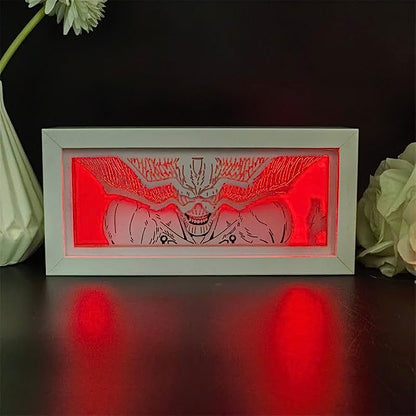 Kotak cahaya mahoraga menyala dalam mod LED merah dengan bayang -bayang yang menyenangkan dan aura yang kuat

