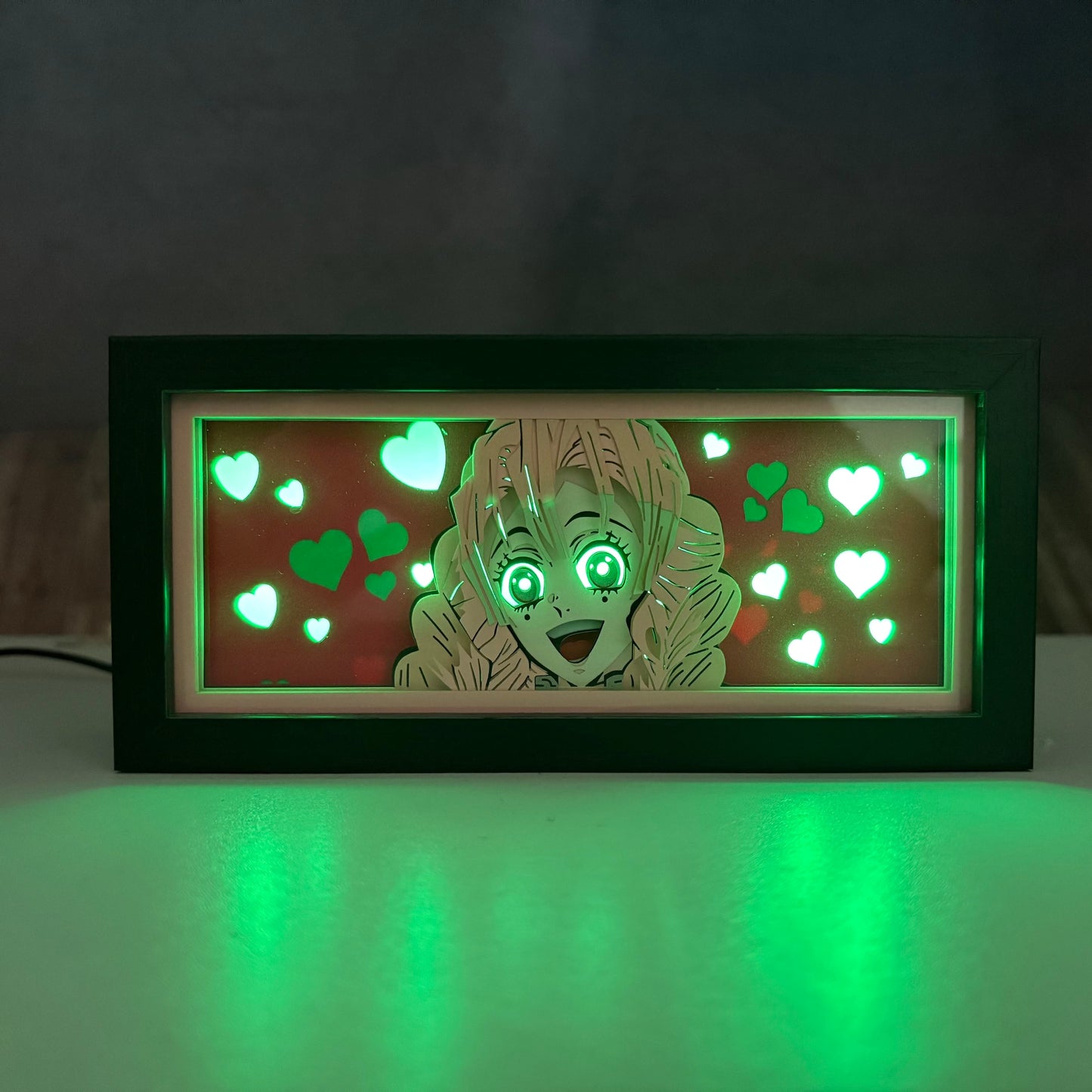 Mitsuri Kanroji RGB LED -valolaatikko vihreällä sydändesignilla