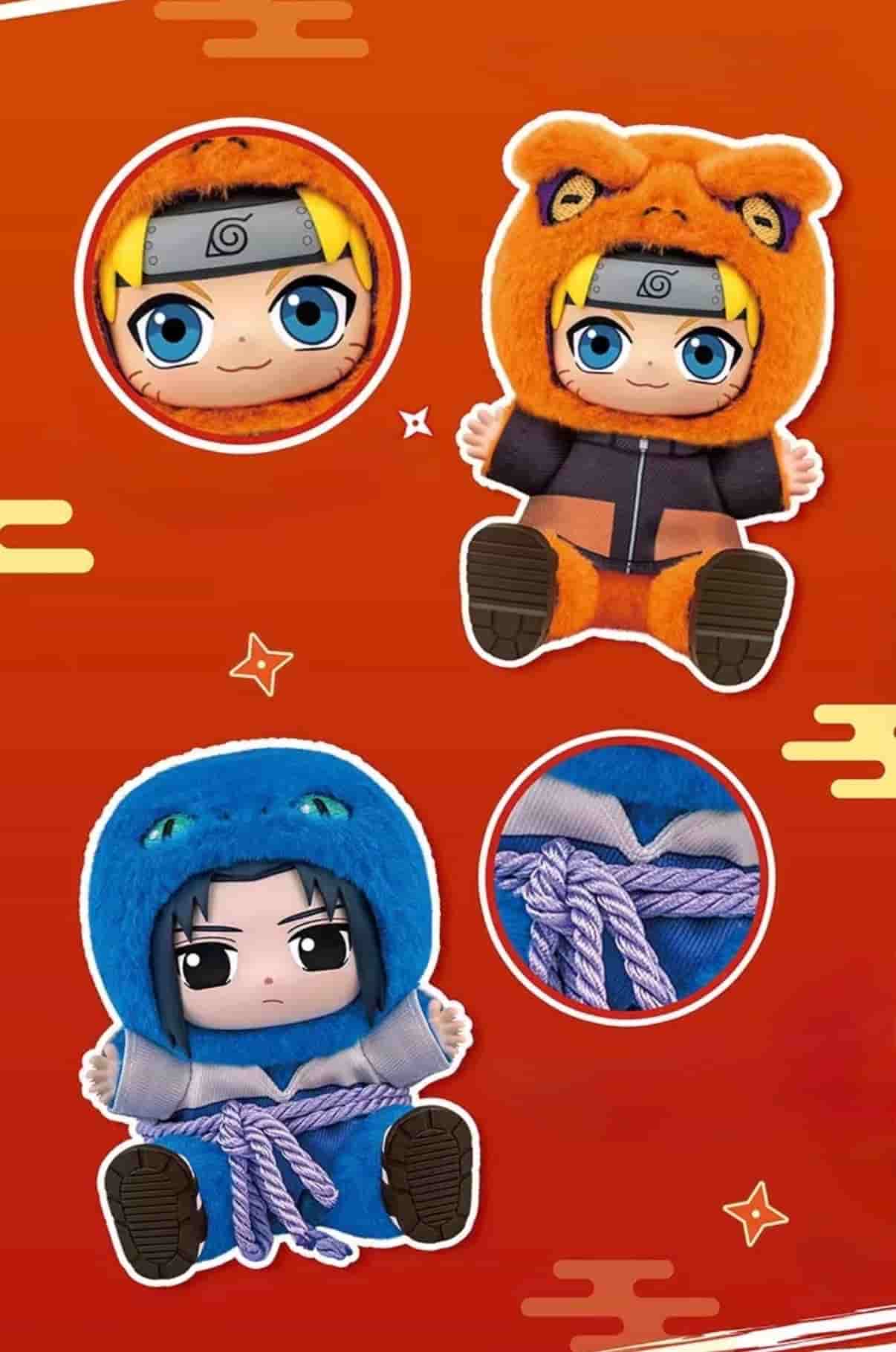 Gros plan sur les détails de la figurine Naruto chibi montrant la texture peluche du costume et le design du personnage d'anime