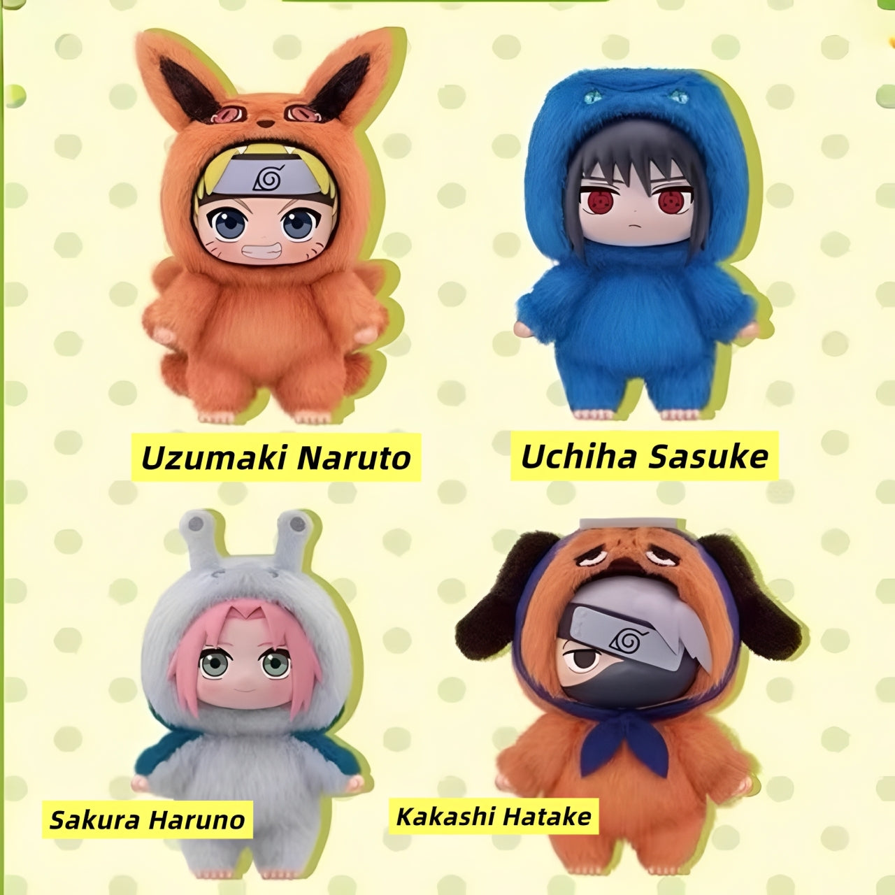 Simpatici personaggi di peluche di Naruto, tra cui Naruto, Sasuke, Sakura e Kakashi