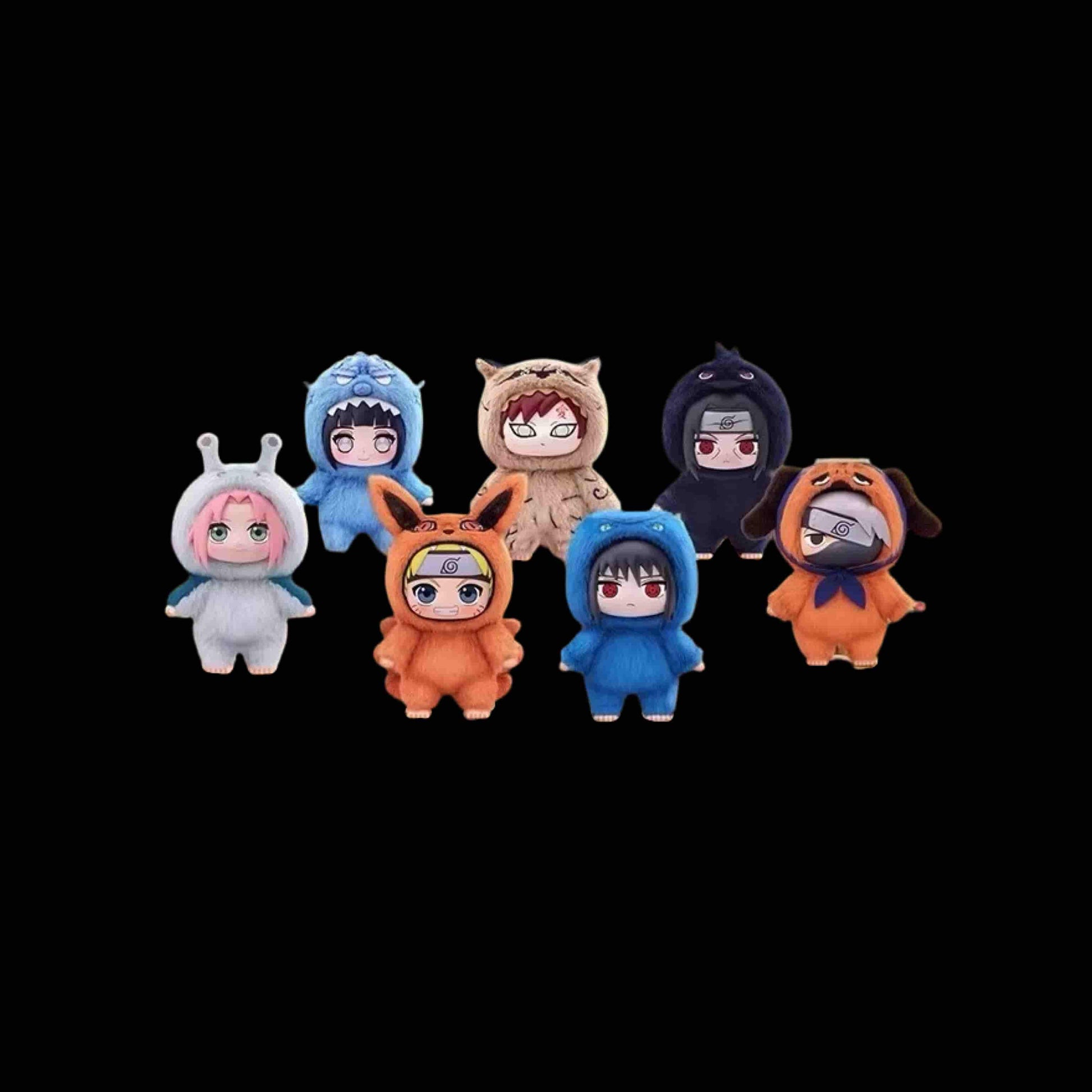 Collezione completa di peluche di Naruto, simpatici animali, che mostra tutti i personaggi insieme