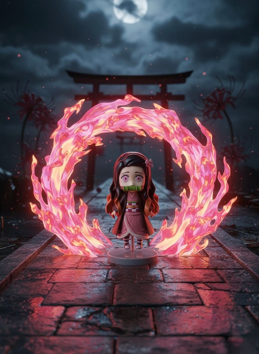Figura chibi di Nezuko con effetto anello di fuoco dalla scatola misteriosa a sorpresa di Demon Slayer