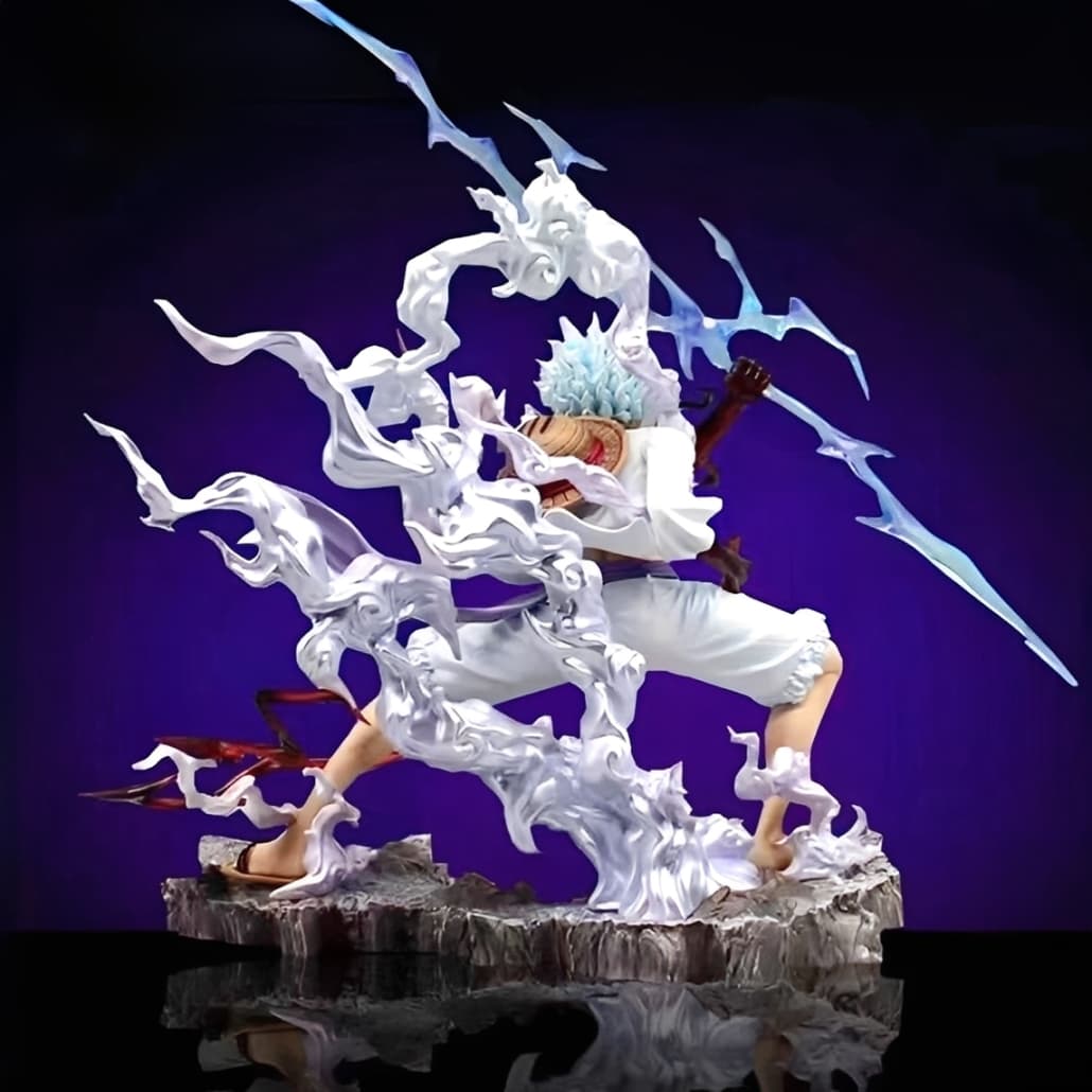 Side view of Nika Luffy Gear 5 anime figure with dynamic cloud effects and detailed sculpt.

