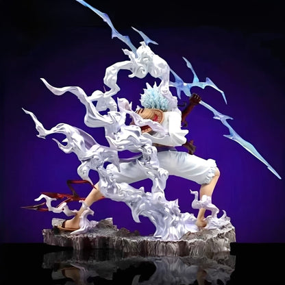 Side view of Nika Luffy Gear 5 anime figure with dynamic cloud effects and detailed sculpt.
