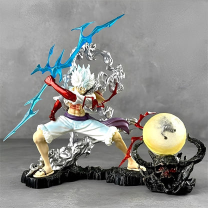 Anime PVC Nika Luffy Gear 5 figure with lightning spear and dynamic cloud energy.
