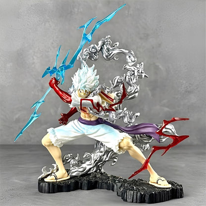 Nika Luffy Gear 5 figure in battle pose with red haki lightning and swirling cloud effects.