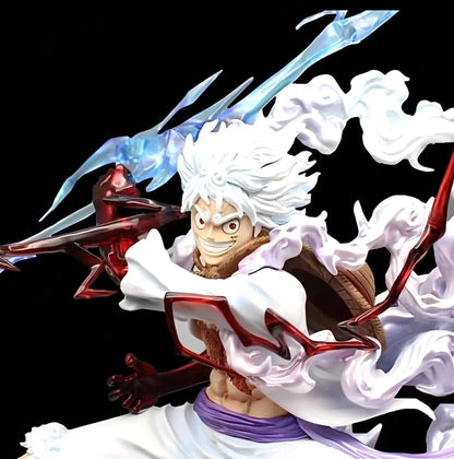 Close-up of Nika Luffy Gear 5 figure showing detailed face, white hair, and red haki arm effects.