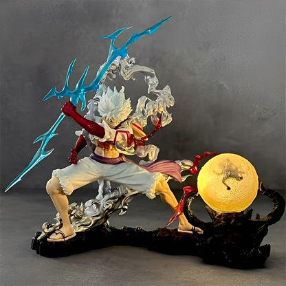 Nika Luffy Gear 5 statue with glowing moon display base and lightning spear effects.
