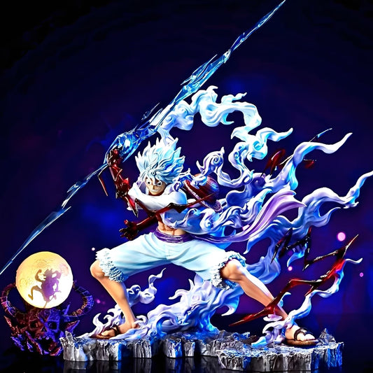 Nika Luffy Gear 5 action figure with lightning spear and cloud effects, premium anime collectible.