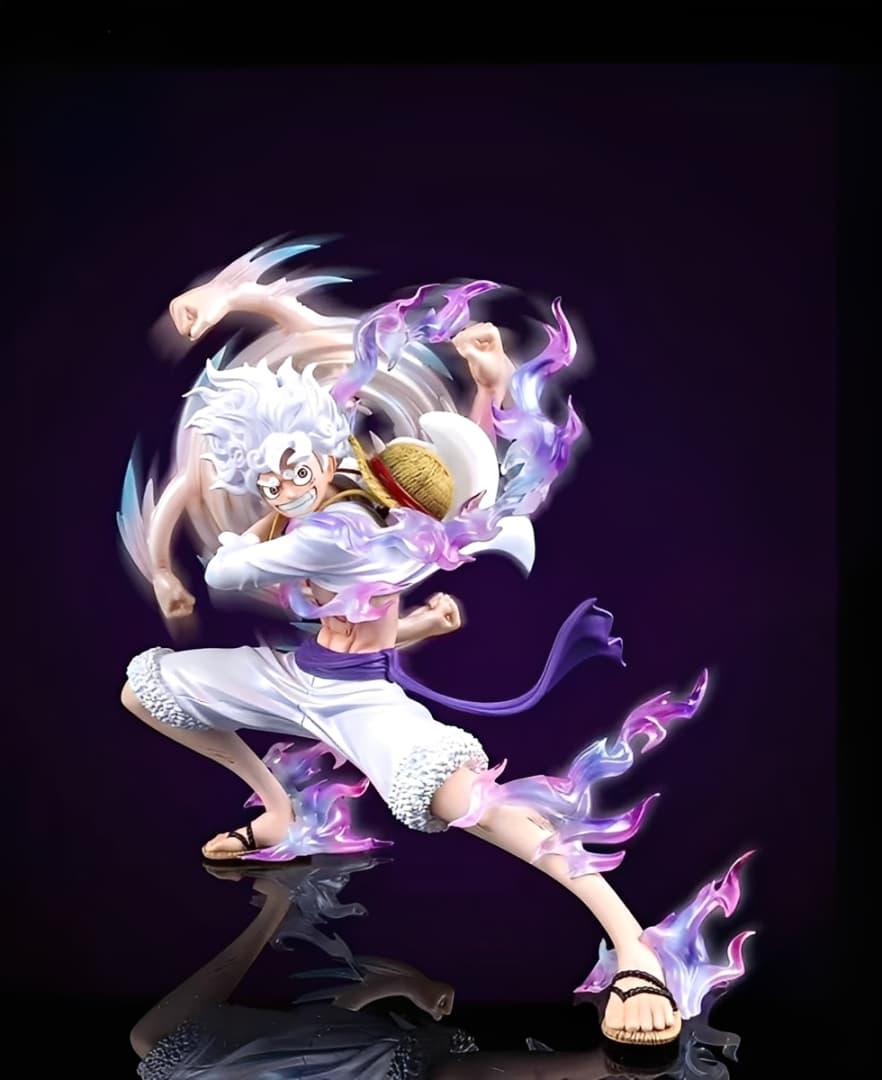 Nika Luffy Gear 5 action figure with swirling energy effects, front view.
