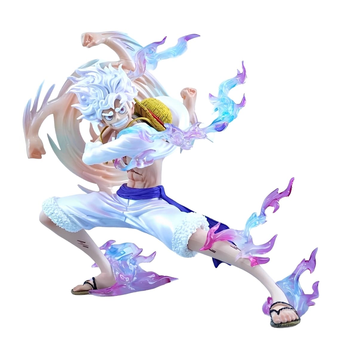 Gear 5 Nika Luffy anime figure on a white background with dynamic effects.
