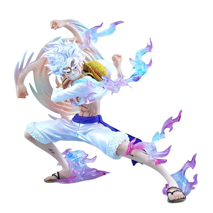 Gear 5 Nika Luffy anime figure on a white background with dynamic effects.
