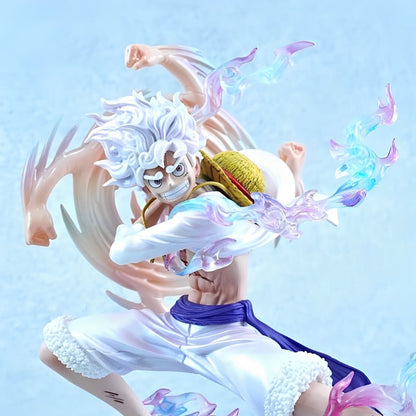 Close-up detail of Nika Luffy Gear 5 action figure with energy effects.