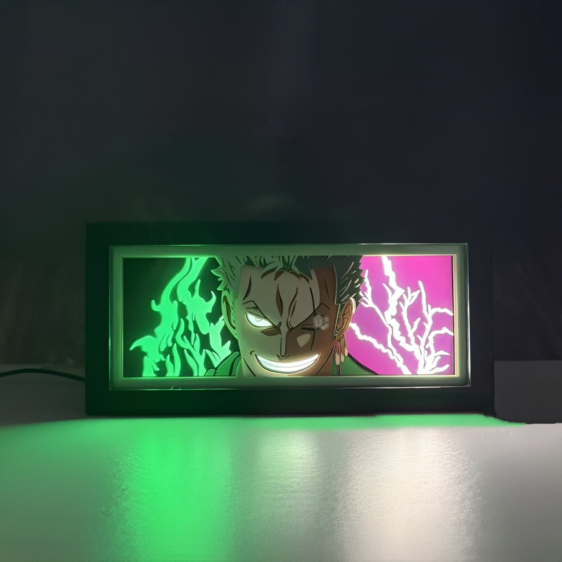 One Piece Zoro anime LED light box lamp with glowing green and purple effects, unique room decor for anime fans