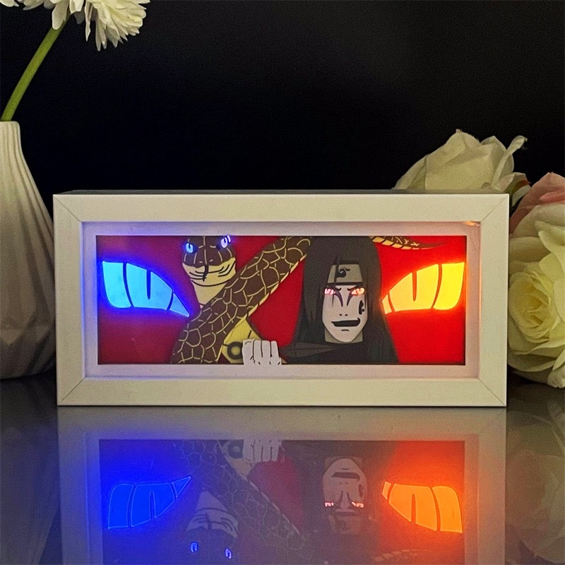 Naruto -anime -LED -valolaatikko, jossa on Orochimaru, elävät punaiset ja siniset hehkuvat silmät valkoisessa kehyksessä
