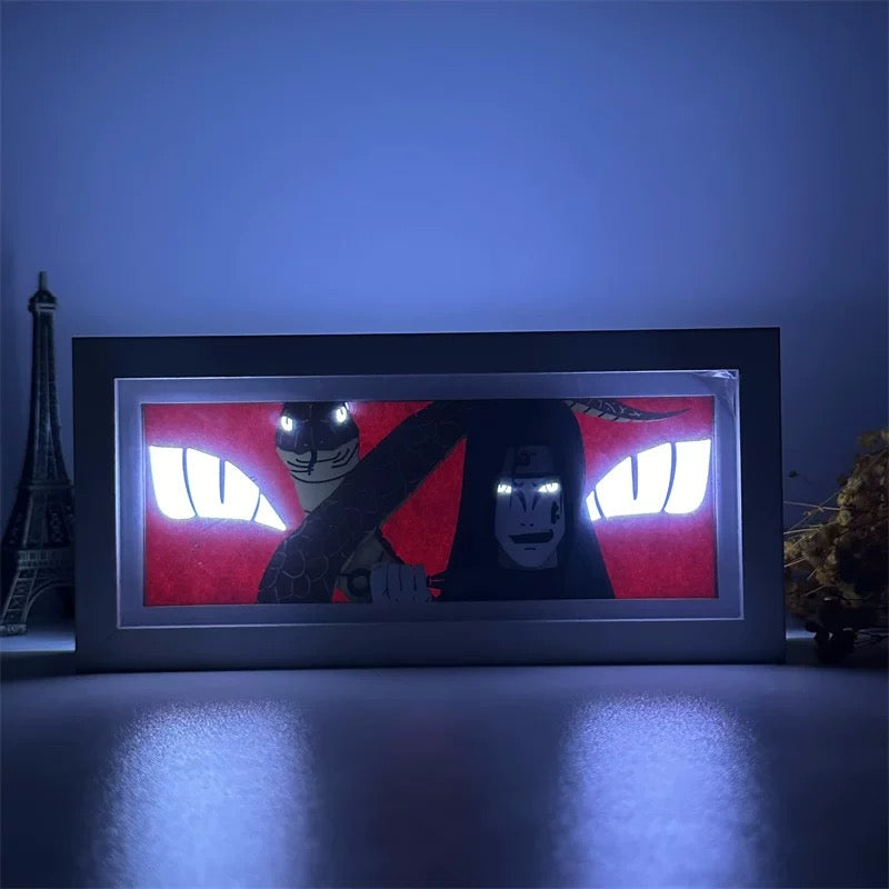 Sininen taustavalaistu Naruto Anime Light Box Orochimaru ja Itachi Uchiha hehkuva ja Sharingan Effect
