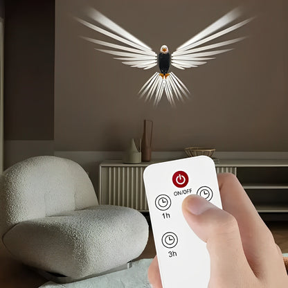 Op afstand bedienbare LED-lamp in de vorm van een Amerikaanse zeearend die gloeit boven een moderne woonkameropstelling