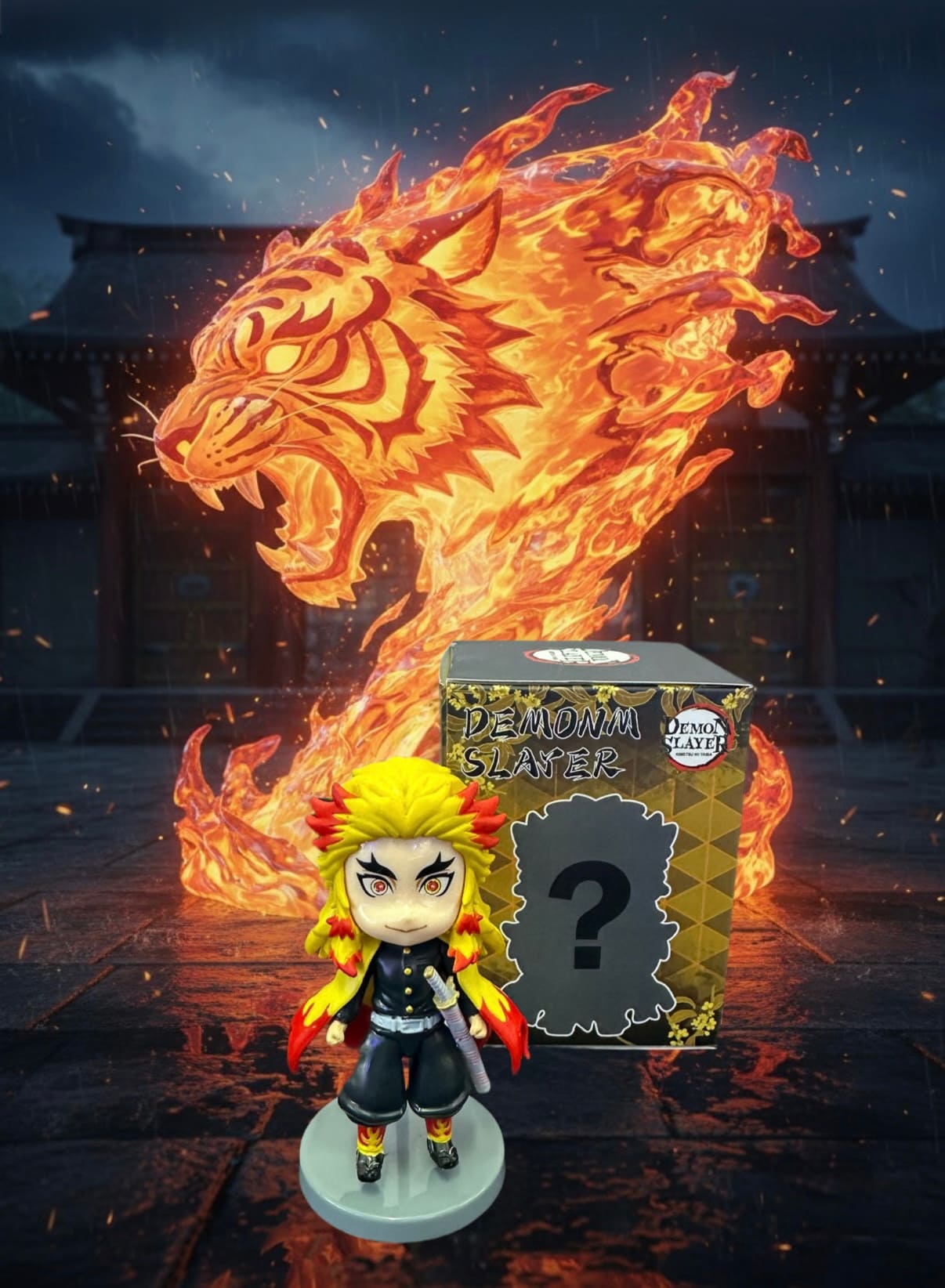 Figura da collezione Rengoku chibi con effetto fiamma della serie blind box Demon Slayer