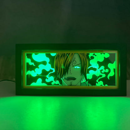 Sanji-anime-valolaatikko, jossa on vihreä liekki-LED-valaistus työpöydän koristeeksi