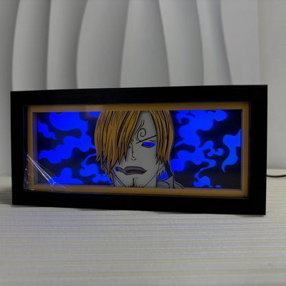 Anime-valolaatikko, jossa on Sanji ja siniset liekki-LED-valot mustassa kehyksessä, tyylikäs anime-huoneen sisustus