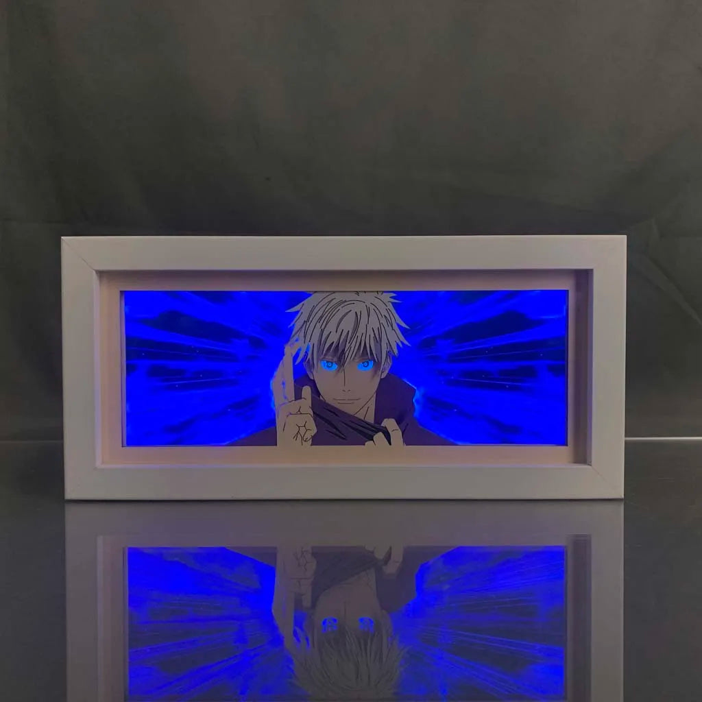 
Jujutsu Kaisen Gojo Light Box в двухтоновом сине-фиолетовом освещении-аниме-художественное отображение с многоуровневой визуальной глубиной.