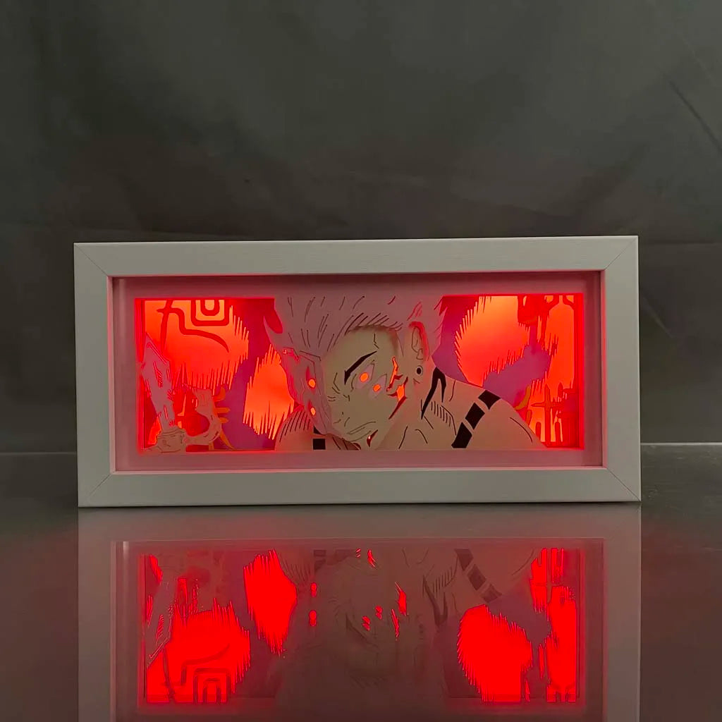 Sukuna Light Box met intense rode LED -achtergrondverlichting van Jujutsu Kaisen, met vervloekte energie in anime wanddecoratie.

