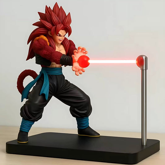 Lampu anime Super Saiyan 4 Gogeta dengan letupan tenaga LED merah di atas meja