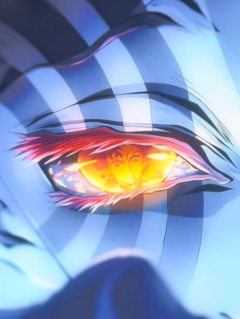 Krupni plan svjetleće anime ilustracije oka iz LED svjetlosnog okvira Demon Slayer Tanjiro protiv Akaze.