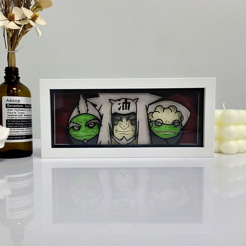 Hiasan anime Three Sages Shinobi Light Box mati mod – seni kotak bayangan buatan tangan yang diilhamkan oleh watak ninja legenda